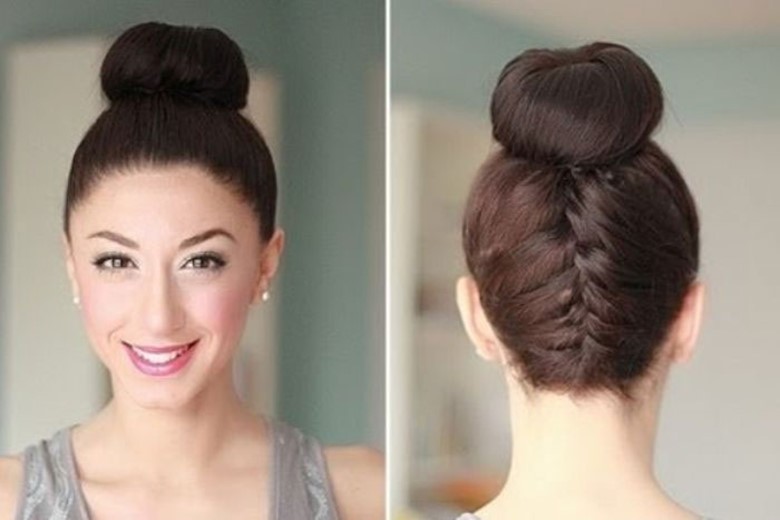 Перевернутая французская коса под высоким пучком